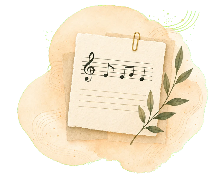 Illustrated music lesson sheet with pencil and leaves